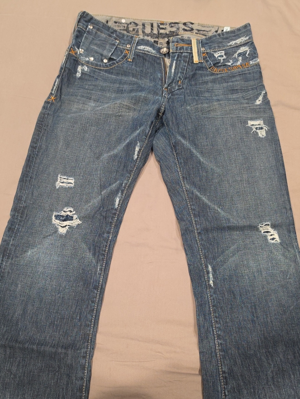 GUESS Men's Distressed Blue Straight Jeans (Falcon BOOTCUT)